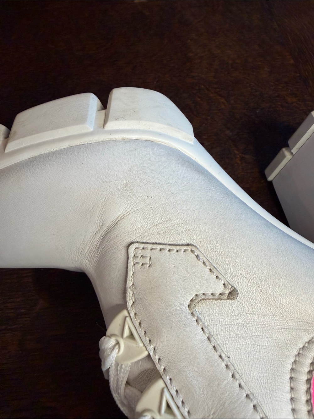 Prada White Leather & Neon Pink Neoprene Chunky Heel Lace Up Boots IT 6.5 - Picture 12 of 16
